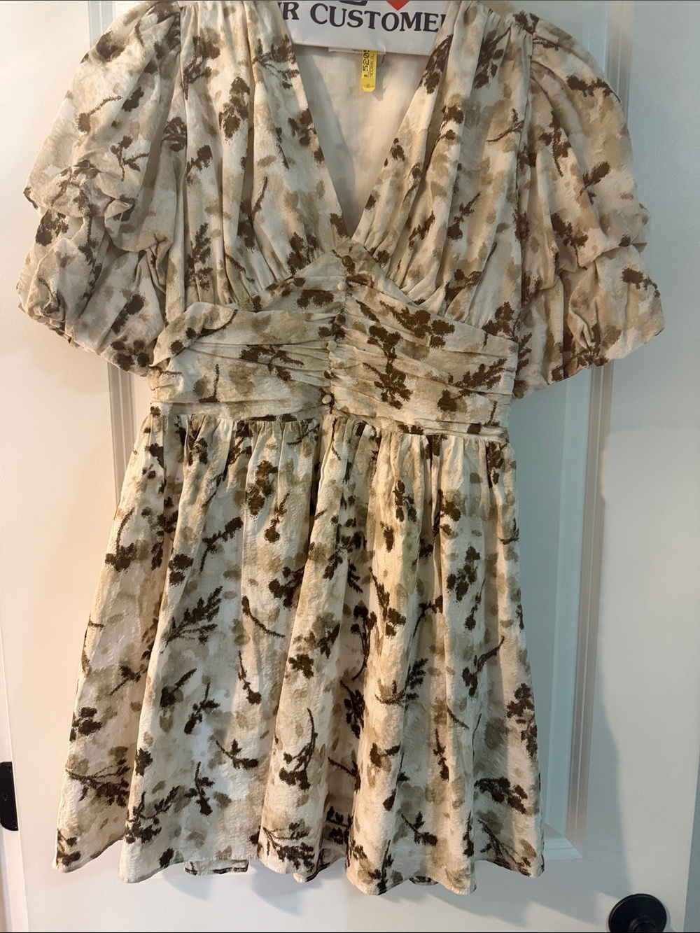 Cream Floral V-Neck Mini Dress with Brown Print